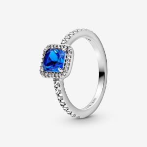 Pandora Blue Square Sparkle Halo Halo & Solitaire Rings Sterling Silver | 453-YQKDXC