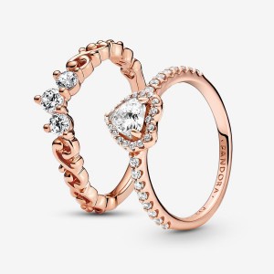 Pandora Clear Three-Stone Heart & Promise Rings Rose Gold Plated | 157-YAKGMS