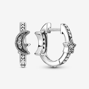 Pandora Crescent Moon & Stars Beaded Hoop Earrings Sterling Silver | 382-BPLAKR