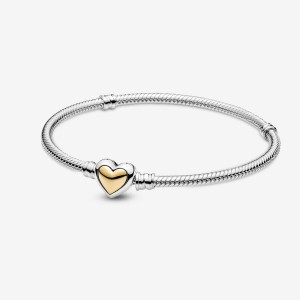 Pandora Domed Golden Heart Clasp Snake Charm Bracelets Two-tone | 892-PYJOIQ