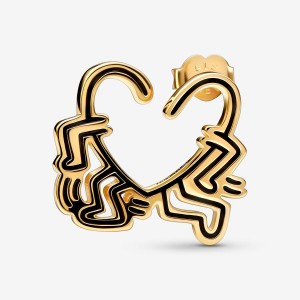 Pandora Keith Haring x Walking Heart Stud Earrings Gold Plated | 386-TQZGFY