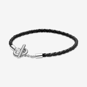 Pandora Moments Braided Leather T-bar Charm Holders Sterling Silver | 270-HPZOXD