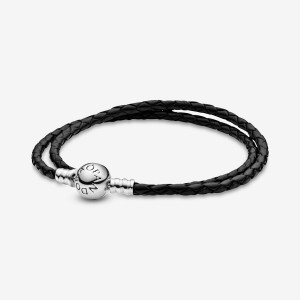 Pandora Moments Double Black Leather Charm Bracelets Sterling Silver | 570-JGBEZW