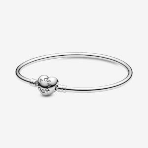 Pandora Moments Heart Clasp Bangle Charm Holders Sterling Silver | 916-EOVDKY