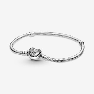 Pandora Moments Mickey Mouse Heart Clasp Snake Chain Bracelets Sterling Silver | 758-BCRSGP