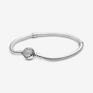 Pandora Moments Sparkling Heart Clasp Snake Charm Holders Sterling Silver | 659-ZCKGLO