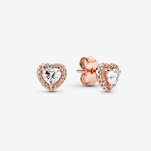 Pandora Sparkling Elevated Hearts Stud Earrings Rose Gold Plated | 860-PZKMCF