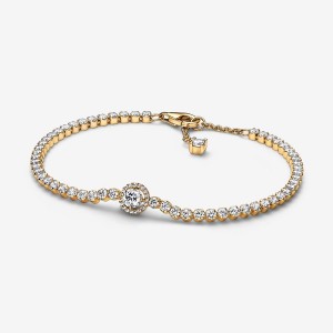 Pandora Sparkling Halo Tennis Non-charm Bracelets Gold Plated | 327-ARCULY