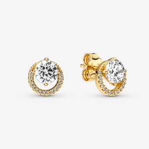 Pandora Sparkling Round Halos Stud Earrings Gold Plated | 062-YZUQPV