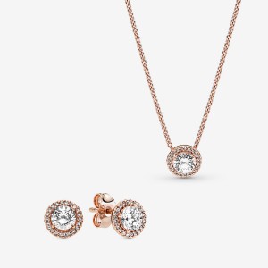 Pandora Sparkling Statement Halo Jewelry Gift Set Necklace & Earring Sets Rose Gold Plated | 901-YIVXWN