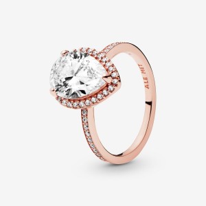 Pandora Sparkling Teardrop Halo Halo & Solitaire Rings Rose Gold Plated | 916-NCVSRE