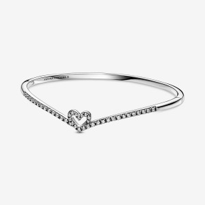 Pandora Sparkling Wishbone Heart Bangle Bangles Sterling Silver | 095-VHTDFB