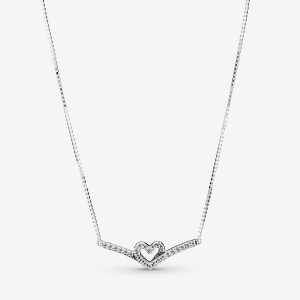 Pandora Sparkling Wishbone Heart Collier Pendant Necklaces Sterling Silver | 310-KCGAJU