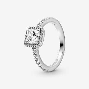 Pandora Square Sparkle Halo Halo & Solitaire Rings Sterling Silver | 839-PYZCIU