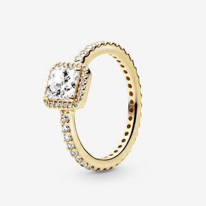 Pandora Square Sparkle Halo Halo & Solitaire Rings Gold | 185-XTCEQV