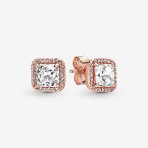 Pandora Square Sparkle Halos Stud Earrings Rose Gold Plated | 374-FJBWPS