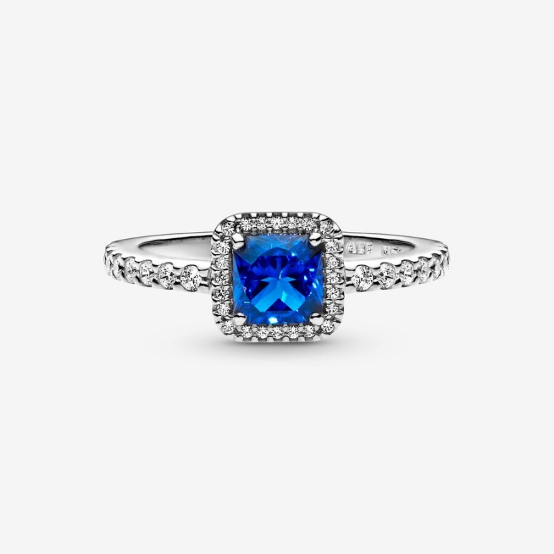 Pandora Blue Square Sparkle Halo Halo & Solitaire Rings Sterling Silver | 453-YQKDXC