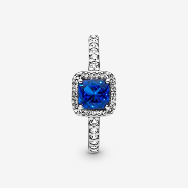 Pandora Blue Square Sparkle Halo Halo & Solitaire Rings Sterling Silver | 453-YQKDXC