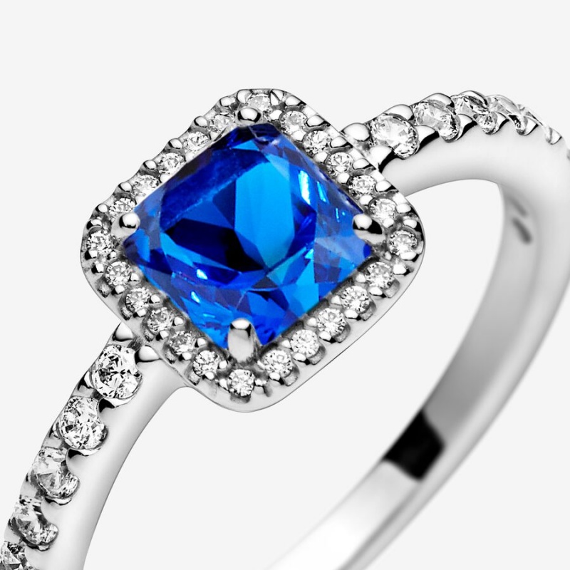 Pandora Blue Square Sparkle Halo Halo & Solitaire Rings Sterling Silver | 453-YQKDXC