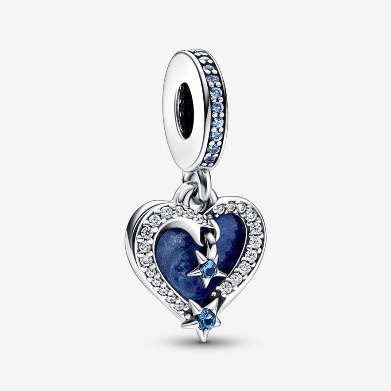 Pandora Celestial Shooting Star Heart Double Dangle Dangle Charms Sterling Silver | 209-DFMOVG