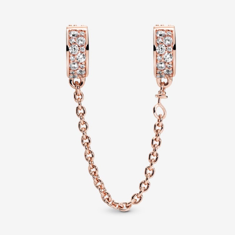 Pandora Clear Pavé Safety Clip Safety Chains Rose Gold Plated | 957-TPZKVY