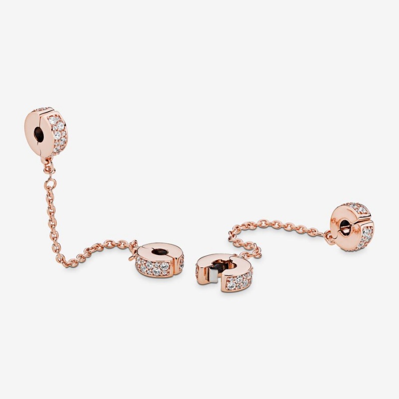 Pandora Clear Pavé Safety Clip Safety Chains Rose Gold Plated | 957-TPZKVY