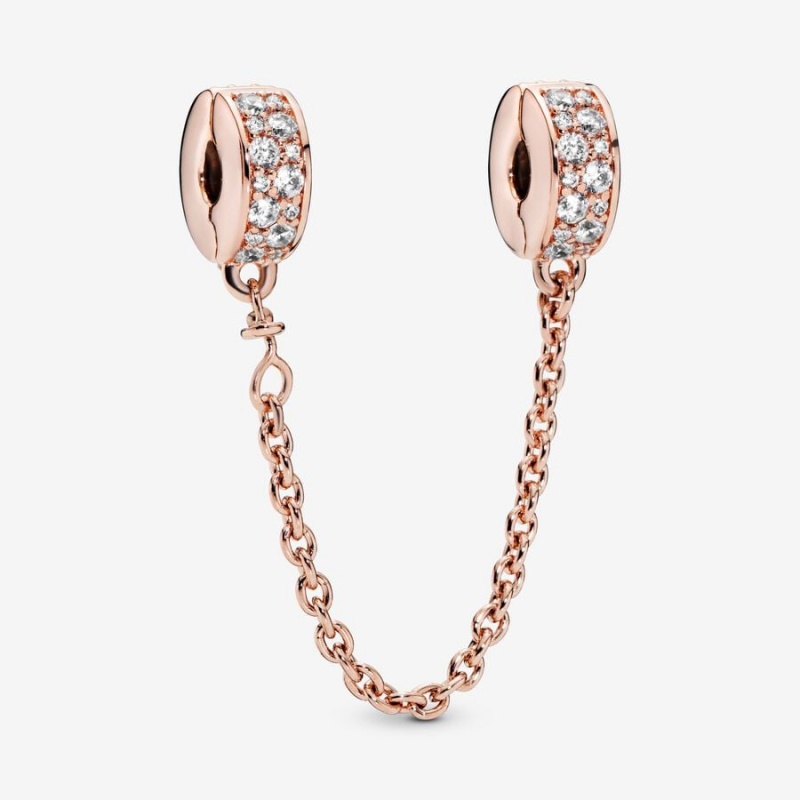 Pandora Clear Pavé Safety Clip Safety Chains Rose Gold Plated | 957-TPZKVY