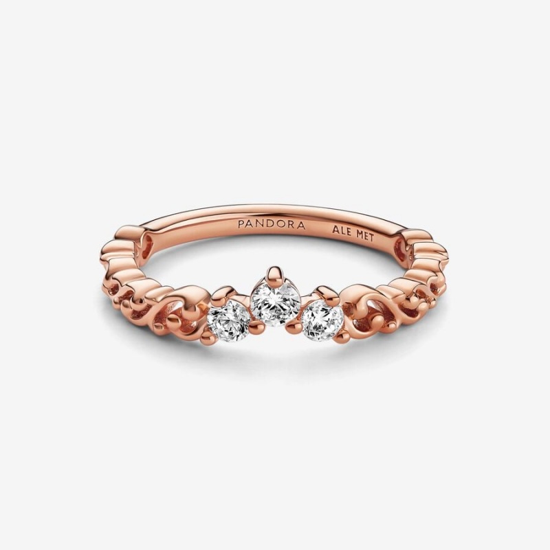 Pandora Clear Three-Stone Heart & Promise Rings Rose Gold Plated | 157-YAKGMS