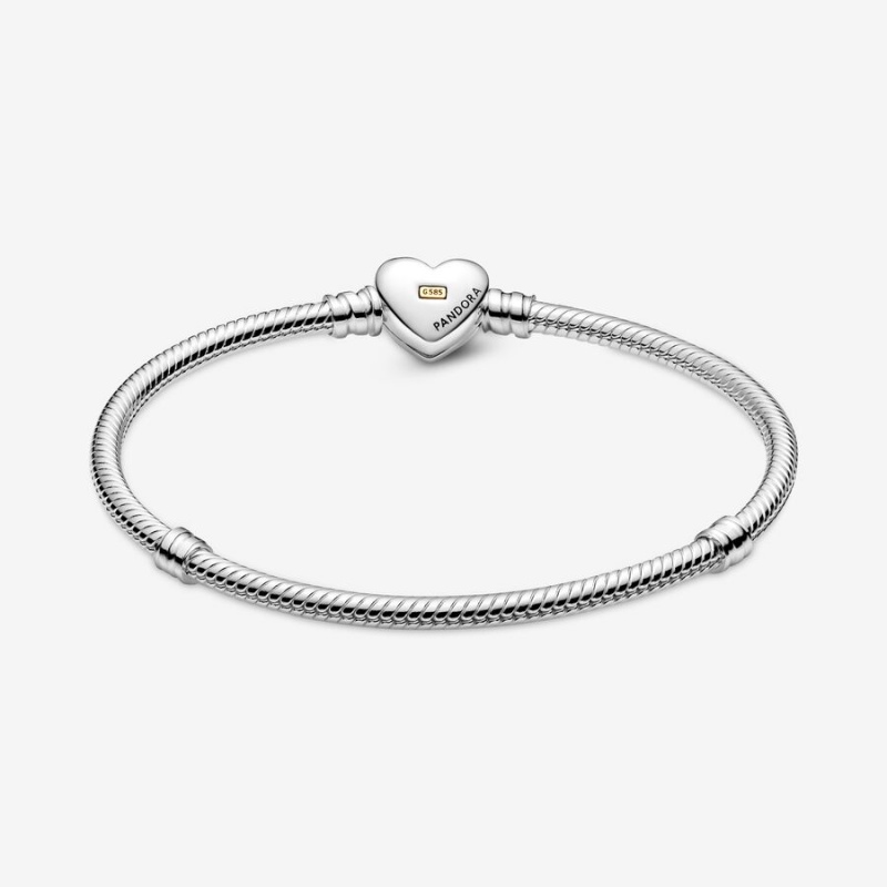 Pandora Domed Golden Heart Clasp Snake Charm Bracelets Two-tone | 892-PYJOIQ