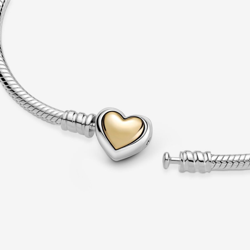 Pandora Domed Golden Heart Clasp Snake Charm Bracelets Two-tone | 892-PYJOIQ