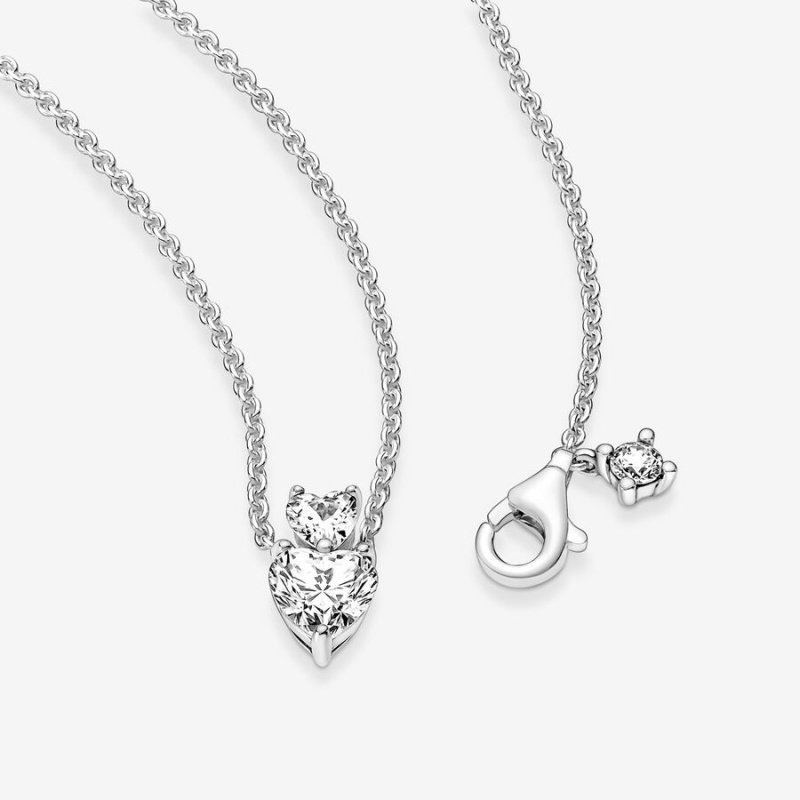 Pandora Double Heart Sparkling Collier Pendant Necklaces Sterling Silver | 568-OATFGZ