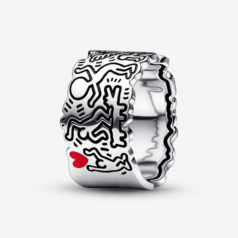 Pandora Keith Haring™ x Line Art Love and People Wide Band Rings Sterling Silver | 491-EJDRHC