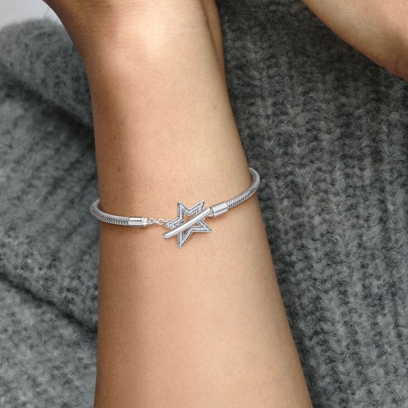 Pandora Moments Asymmetric Star T-bar Snake Charm Bracelets Sterling Silver | 073-GCNAQP