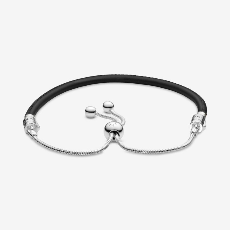 Pandora Moments Black Leather Slider Leather Bracelets Sterling Silver | 026-UIWOFZ