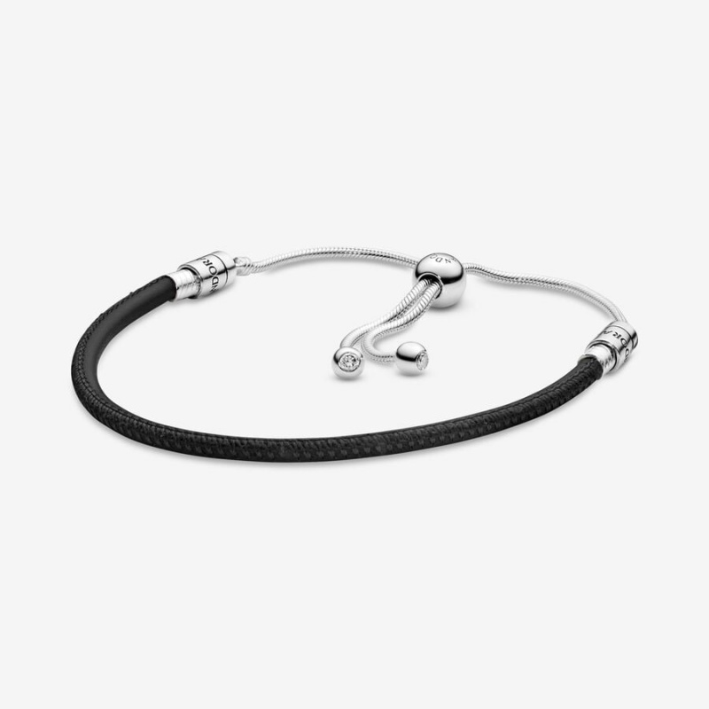 Pandora Moments Black Leather Slider Leather Bracelets Sterling Silver | 026-UIWOFZ