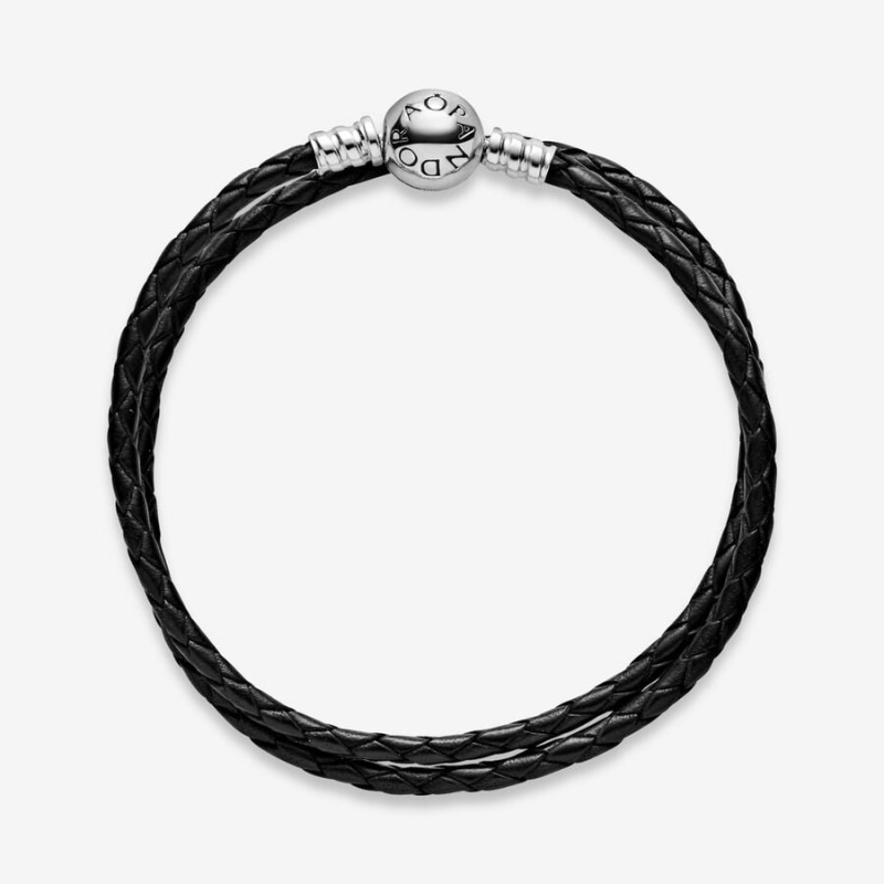 Pandora Moments Double Black Leather Charm Bracelets Sterling Silver | 570-JGBEZW