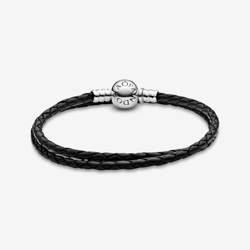 Pandora Moments Double Black Leather Charm Bracelets Sterling Silver | 570-JGBEZW