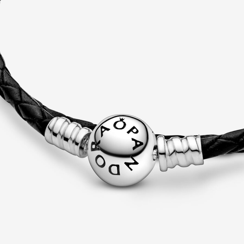 Pandora Moments Double Black Leather Charm Bracelets Sterling Silver | 570-JGBEZW