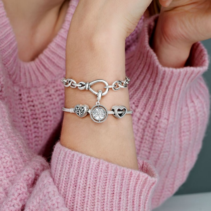 Pandora Moments Family Tree Heart Clasp Snake Charm Bracelets Sterling Silver | 986-QPARGK