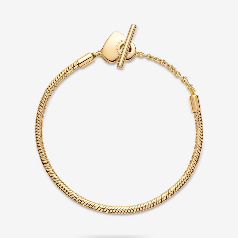 Pandora Moments Heart T-Bar Snake Charm Bracelets Gold Plated | 749-PSNTZV