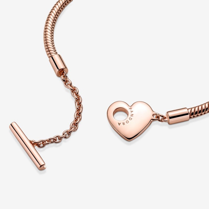 Pandora Moments Heart T-Bar Snake Charm Bracelets Rose Gold Plated | 947-FEYADW