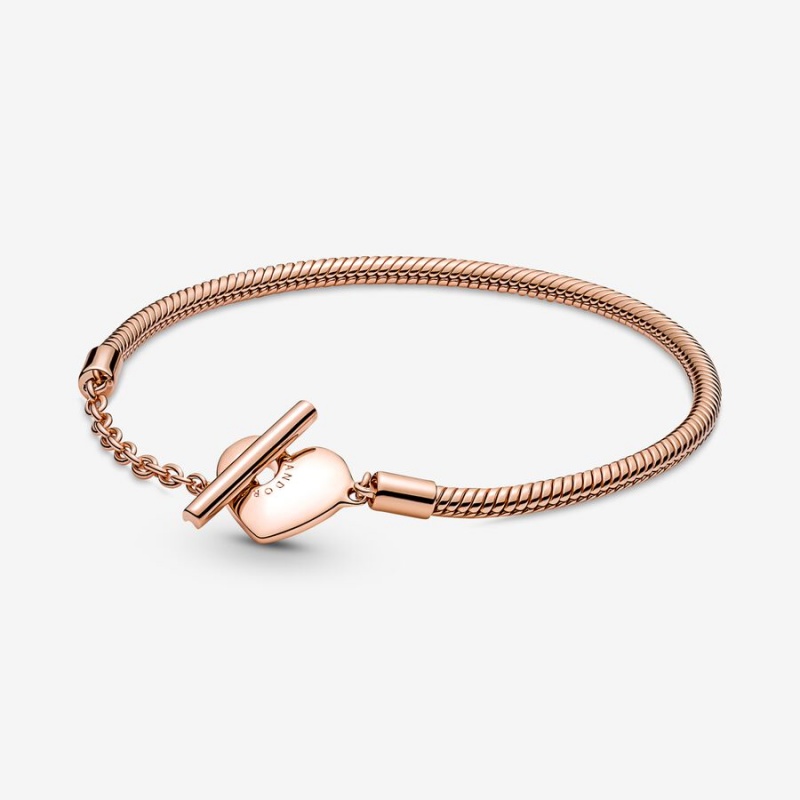 Pandora Moments Heart T-Bar Snake Charm Bracelets Rose Gold Plated | 947-FEYADW