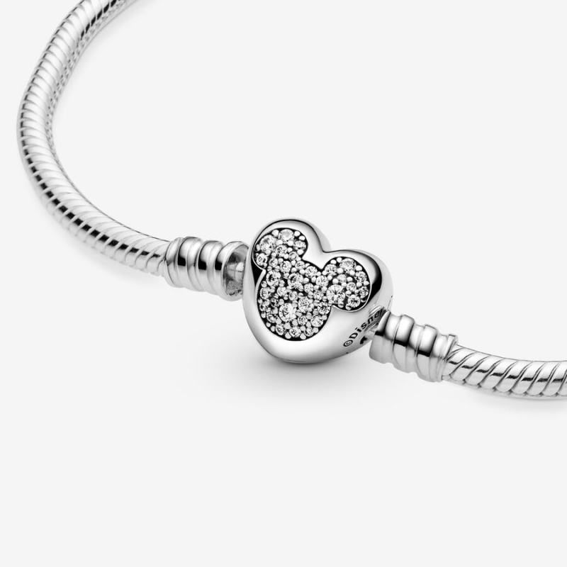 Pandora Moments Mickey Mouse Heart Clasp Snake Charm Holders Sterling Silver | 148-RABVOJ