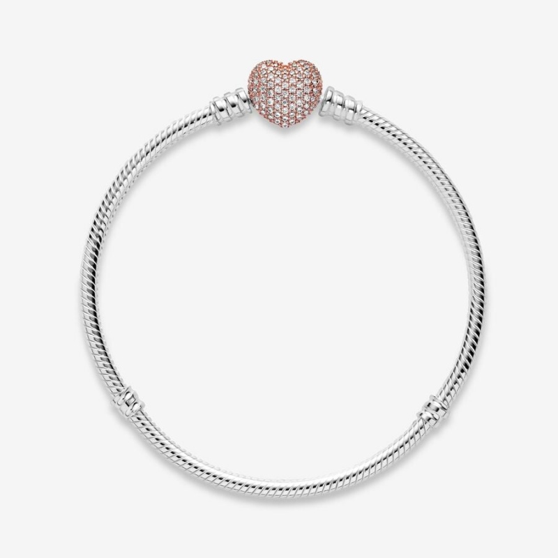 Pandora Moments Pavé Heart Clasp Snake Chain Bracelets Two-tone | 860-MVBNIC