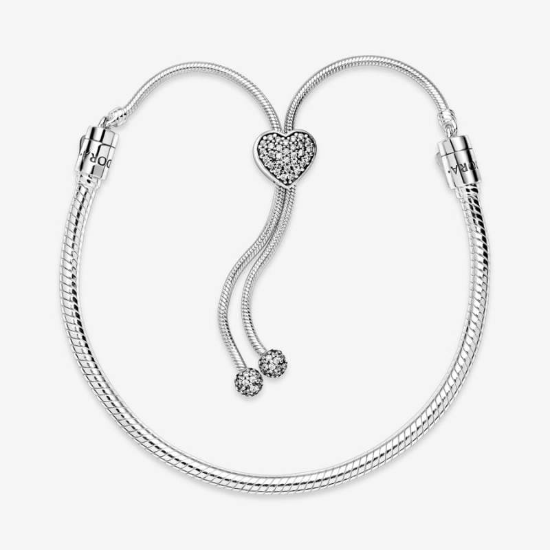 Pandora Moments Pavé Heart Clasp Snake Slider Charm Holders Sterling Silver | 298-BKJXDT