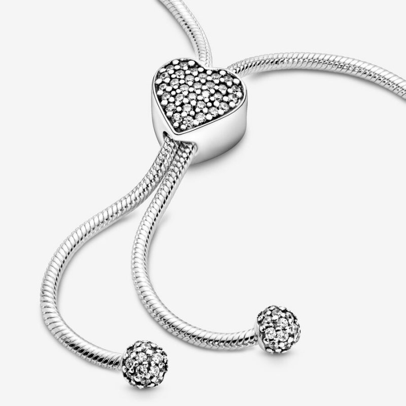 Pandora Moments Pavé Heart Clasp Snake Slider Charm Holders Sterling Silver | 298-BKJXDT