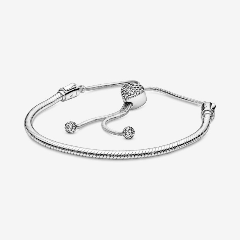 Pandora Moments Pavé Heart Clasp Snake Slider Charm Holders Sterling Silver | 298-BKJXDT