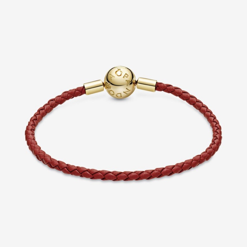 Pandora Moments Red Woven Leather Charm Bracelets Gold Plated | 302-VDFIZN