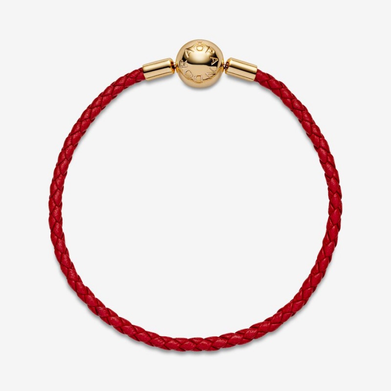 Pandora Moments Red Woven Leather Charm Bracelets Gold Plated | 302-VDFIZN