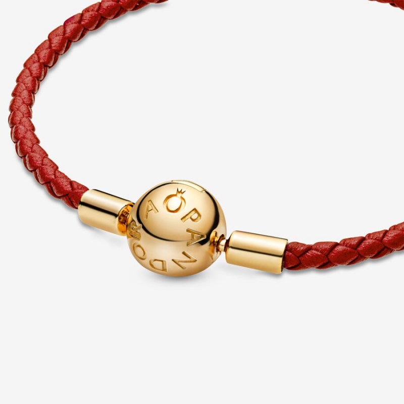 Pandora Moments Red Woven Leather Charm Bracelets Gold Plated | 302-VDFIZN